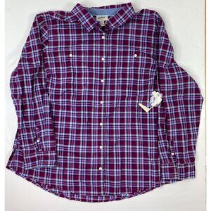 St. Johns Bay Womens Plaid Button-Down Shirt Purple Blue Long Sleeve Size PXXL